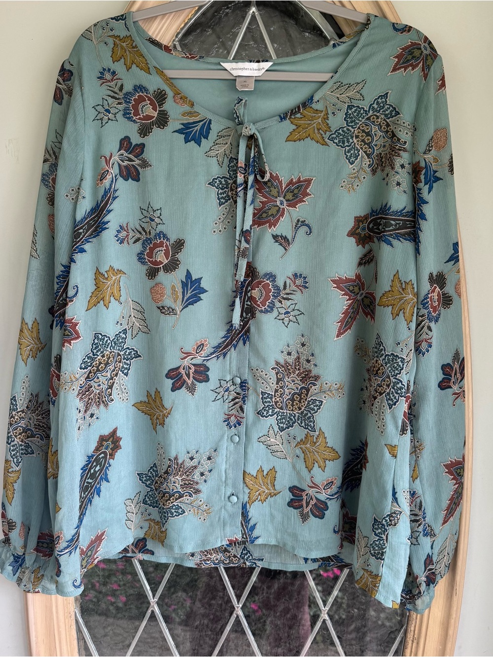 Christopher & Banks Seafoam Floral Tie-Neck Blouse